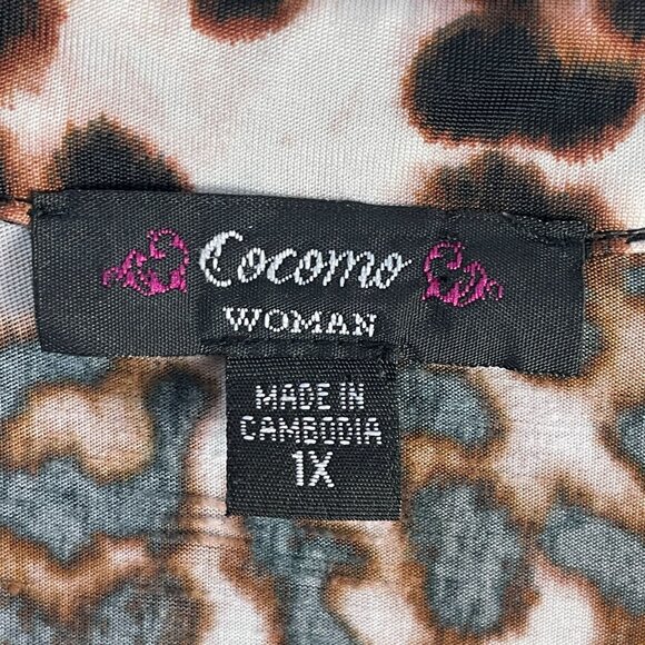 Cocomo Womens Plus 1X Leopard Tunic Top V Neck Roll Tab Sleeve Blouse Stretch - Picture 4 of 9